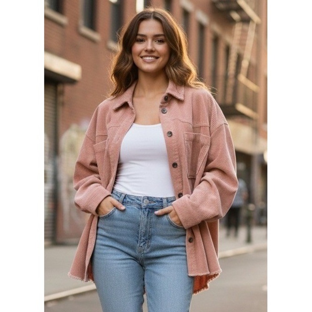 ZARA Corduroy Oversized Shacket Jacket Women's M Pink Frayed Hem Travel Outdoor